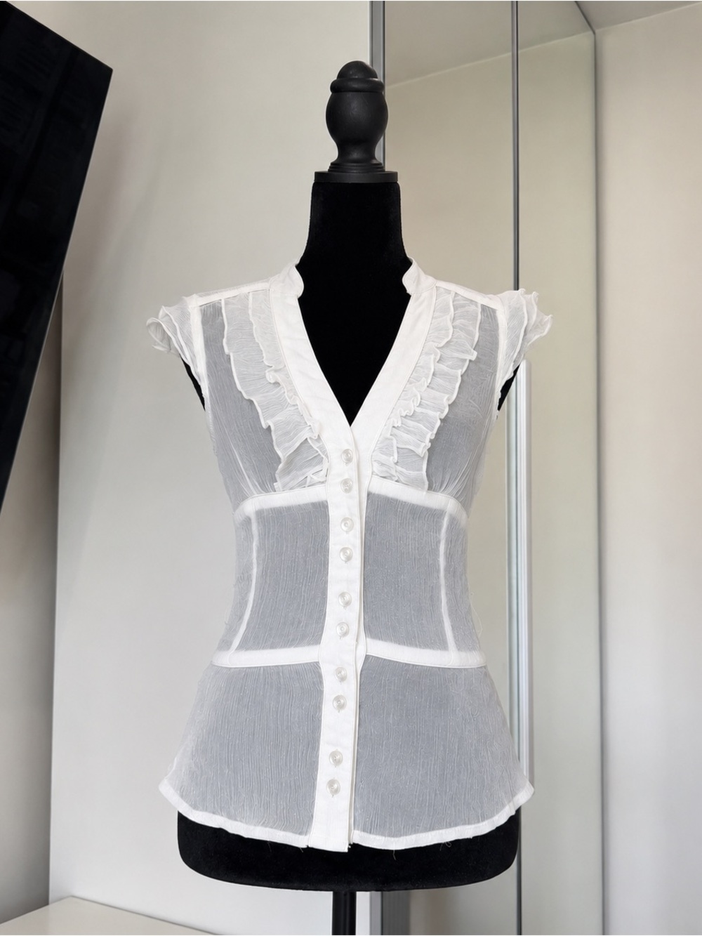 Vintage Y2K Sanjoy Sheer White Ruffle Button Front Blouse